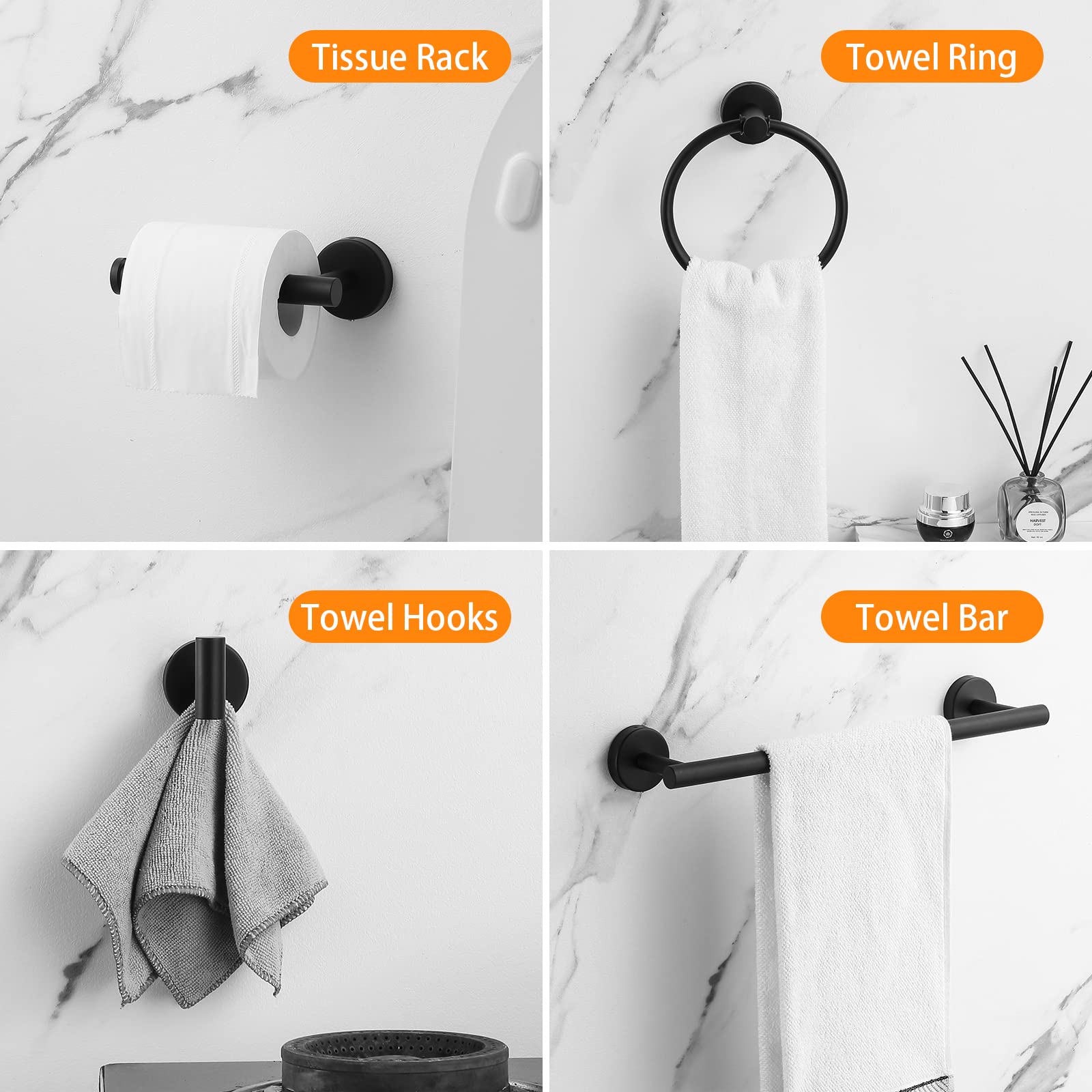 Hinmood Bathroom Hardware Set Black 10 Pieces, Towel Bar Set Matte Black Stainless Steel Towel Rack Set Includes 2Pcs 16 ' ' Tow